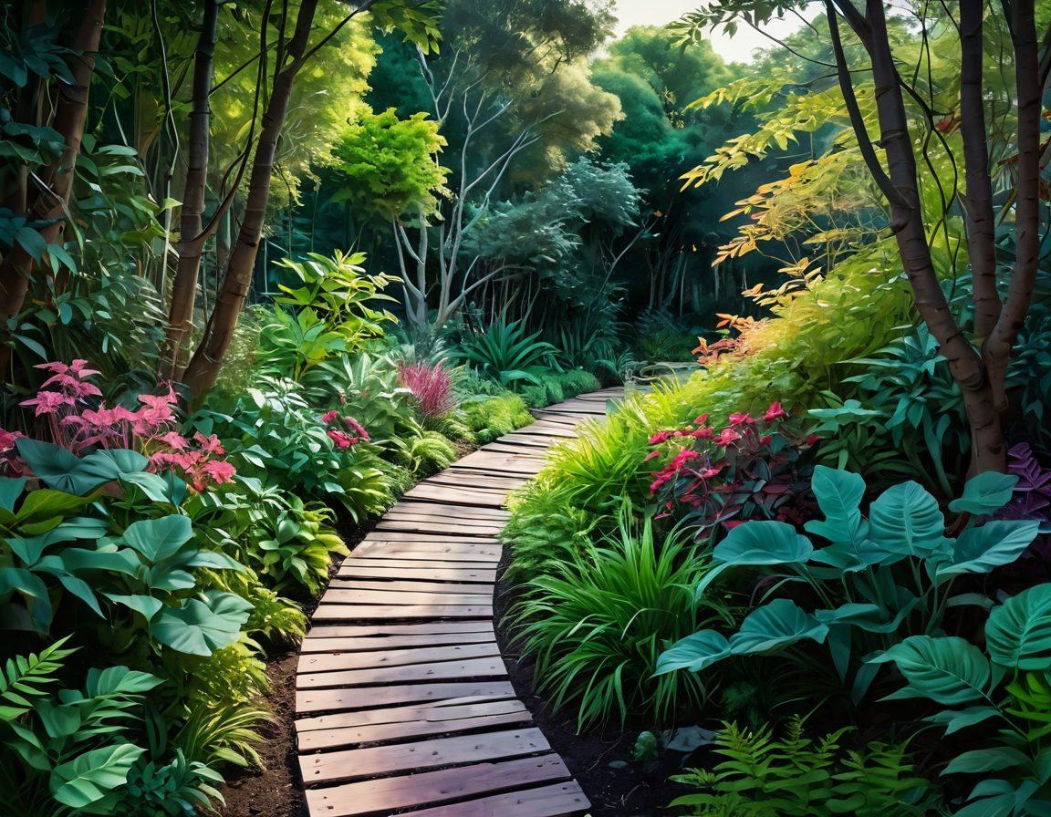 A lush, abstract landscape filled with intertwined paths leading through various elements representing erotic media, such as film reels, digital screens, and art tools. Soft, ambient lighting highlights the paths, creating a sense of exploration and creativity. A subtle hint of sensuality is woven through the foliage, inviting content creators to discover. Include a diverse group of creators engaged in their craft along the pathways. vibrant colors. modern illustration. painterly style.