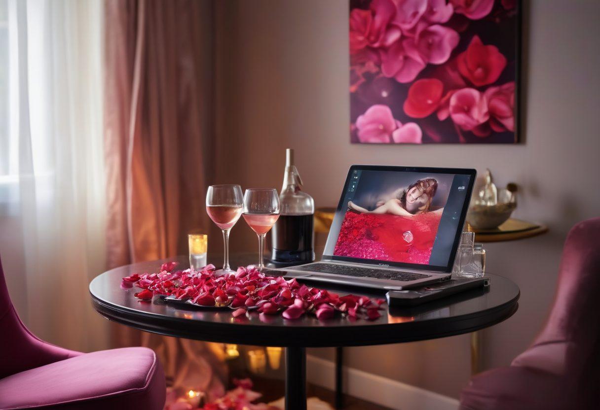 A sophisticated, elegantly designed room with soft ambient lighting, filled with tastefully arranged erotic art and sensual decor. Include a laptop displaying an adult entertainment website, alongside a refreshing cocktail and rose petals scattered on the table. Show a diverse group of adults engaging in lively conversation, exuding confidence and openness about their preferences. Convey a sense of warmth, inclusivity, and allure. super-realistic. vibrant colors. soft focus.